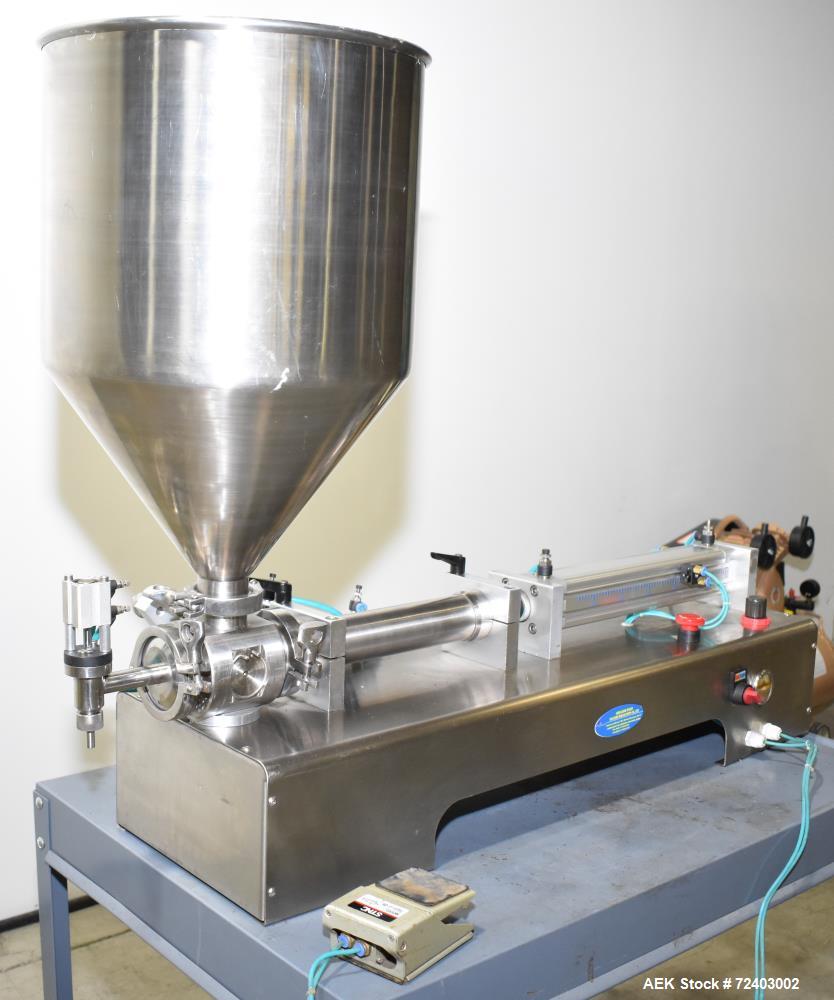Used Wenzhou Rigao Table Top Semi Automatic Piston Filler, Model DYF. 316L Stainless steel product contact. Filling speed 5 to 20 bottles per minute. Filling accuracy /= 1% +/-. Filling range: approx...